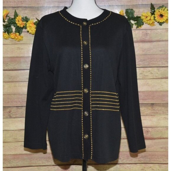 Vintage Cathy Daniels Black w/ Gold Trim Button Front Cardigan Sweater Ladies M - Picture 1 of 8